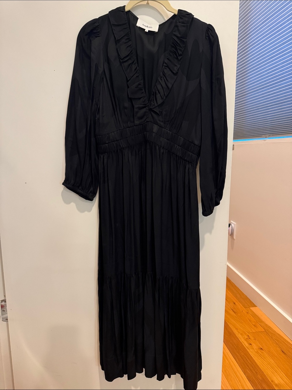 ba&sh Black Ruffled V-Neck Midi Dress